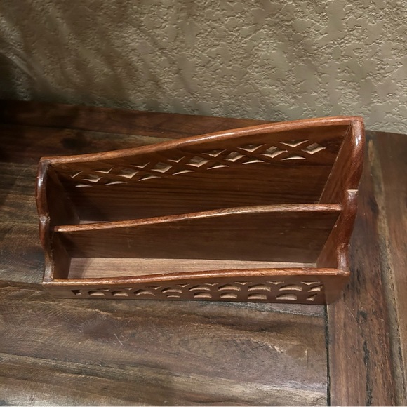 Vintage Wood Letter Organizer 2 Slot Design with Intricate Lattice Cutwork India - Picture 2 of 9